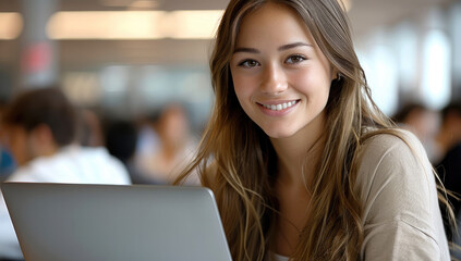 Aufkleber - A young woman is smiling working on a laptop in an office or college setting, showing success. In the background, there is a group of people.
