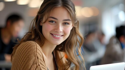 Aufkleber - A young woman is smiling working on a laptop in an office or college setting, showing success. In the background, there is a group of people.