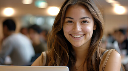 Aufkleber - A young woman is smiling working on a laptop in an office or college setting, showing success. In the background, there is a group of people.