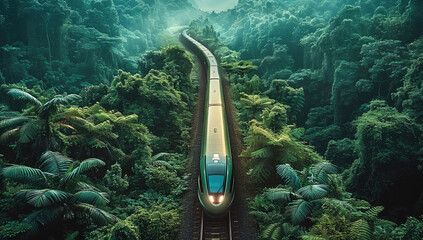 Aufkleber - A futuristic high-speed train traveling through a lush, dense forest with an expansive view of greenery stretching into the horizon.