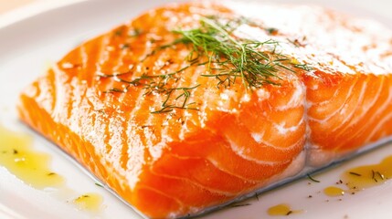 A close-up of a beautifully cooked salmon steak on a white plate,