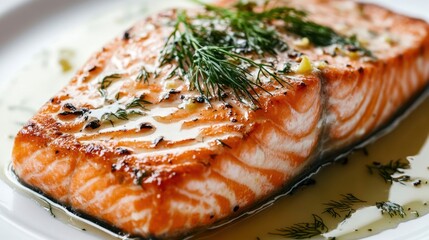 A close-up of a beautifully cooked salmon steak on a white plate,