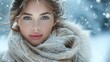© visoot - A beautiful winter scene where a stunning woman captivates with elegance and style. Her fair, radiant skin contrasts against the soft, snowy background, she exudes sophistication and grace.