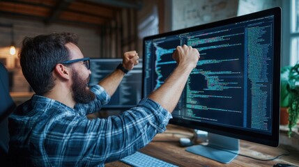 Poster - Developer celebrating after solving a difficult coding problem, showcasing the sense of accomplishment and relief in the IT field