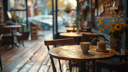 Poster - Inside coffee shop with a few tables and chairs and coffee cups on table.