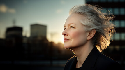 Wall Mural - A businesswoman with white hair and a black coat looks with a feeling of satisfaction into the distance with some buildings in the background