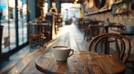 Poster - Inside coffee shop with a few tables and chairs and coffee cups on table.