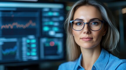 Poster - A professional woman with glasses focuses intently on financial data and charts displayed on multiple computer screens in a dimly lit office during evening hours