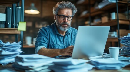 Poster - The man, dressed in casual attire, is intently typing on his laptop surrounded by piles of papers and a cup of coffee, capturing the hectic atmosphere of late-night work