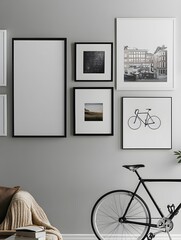 Wall Mural - Blank picture frame mockup on gray wall. White living room design. View of modern scandinavian style interior with artwork mock up on wall. Home staging and minimalism concept