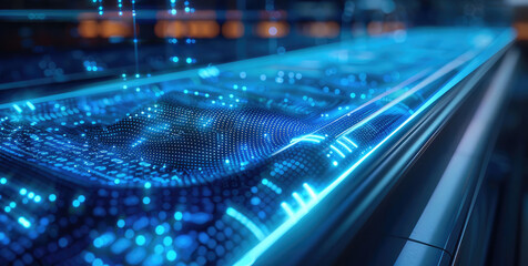 Poster - A sleek, brushed metal surface embedded with holographic circuit patterns, softly pulsating with a neon blue glow. Thin, translucent lines of code hover over the interface, suspended in mid-air.
