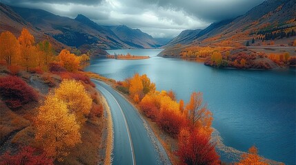 Poster - In the autumn, colorful leaves cover the mountains and rivers along winding roads. The road winds through yellow trees with red leaves on both sides. a lake surrounded by hills under white clouds.
