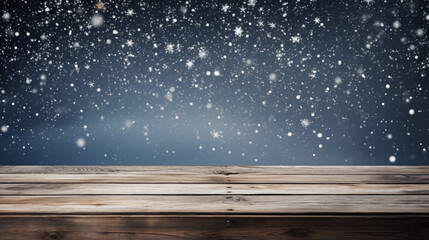 Canvas Print - Empty old wooden table with winter background. Winter or Christmas scene with mockup table on background of winter