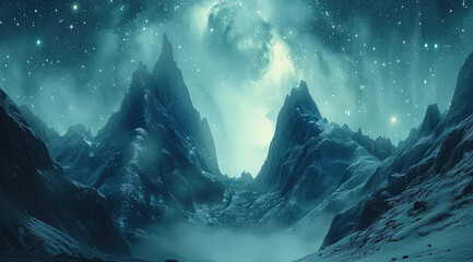 Aufkleber - Blue and green background, fantasy, stars, mountains.