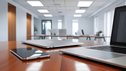 A laptop on table in office of a multinational company.