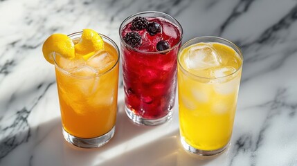 A refreshing drink trio featuring a glass of iced tea, a yellow