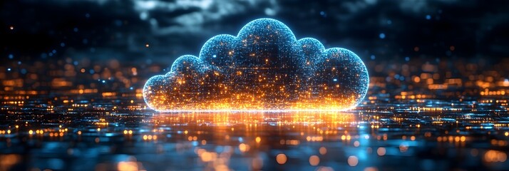 Poster - A stunning 3D depicting a glowing digital cloud structure illuminating a futuristic cityscape at night. The image showcases a vibrant display of neon lights,particles,and a captivating urban backdrop.