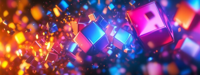 Poster - Colorful abstract cubes floating in a dynamic three-dimensional space illuminated by vibrant light during a digital art creation
