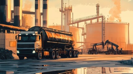 A scene depicting an oil transport truck unloading