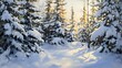 © Pascal - Sunlight breaking through snow-covered evergreen trees, casting golden light on fresh snow.