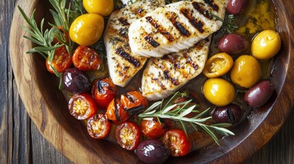 A vibrant Mediterranean platter showcasing grilled fish fillets,