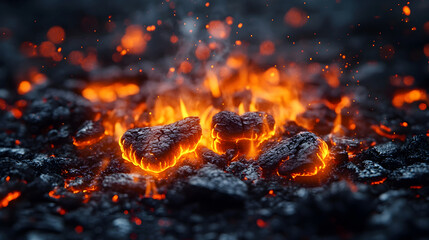 Leinwandbilder - Dramatic capture of a glowing,scorching blaze with fiery embers and flames burning intensely in a natural,moody environment. The vivid,contrasting tones and textures create a powerful.
