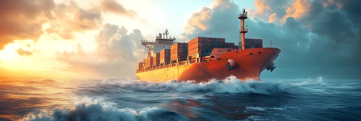 Poster - Dramatic cargo ship navigating through turbulent ocean waves during a vibrant sunset,surrounded by moody clouds in the sky.