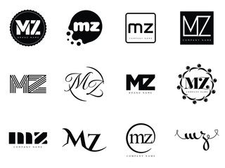 MZ logo company template. Letter m and z logotype. Set different classic serif lettering and modern bold text with design elements. Initial font typography.