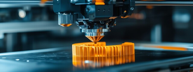 Poster - A close-up of an industrial 3D printer creating a detailed orange component in a workshop setting