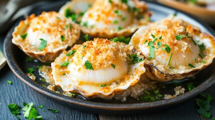 An elegant dish of baked scallops topped with a garlic herb butter