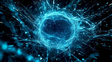 Fototapete - A mesmerizing digital sphere encapsulated in electric blue light. This abstract image conveys the essence of quantum phenomena and energy flow. Perfect for tech and science themes. AI