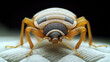 © altitudevisual - Macro photograph of a detailed, patterned insect on a white textured surface against a dark background.