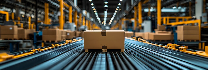 Poster - Interior view of a modern industrial warehouse facility with cardboard boxes and packages moving on a conveyor belt system. Concept of efficient logistics,storage,and distribution.