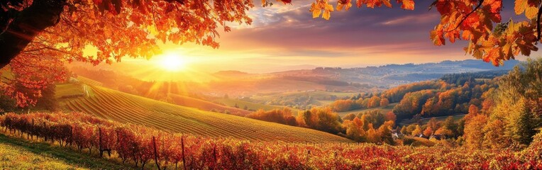 Wall Mural - Golden autumn sunrise over rolling hills and vineyards in a tranquil landscape with vibrant foliage