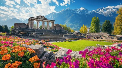 Wall Mural - Stunning view of the Roman Theatre in Aosta with vibrant flowers and the Alps in the background during a sunny day