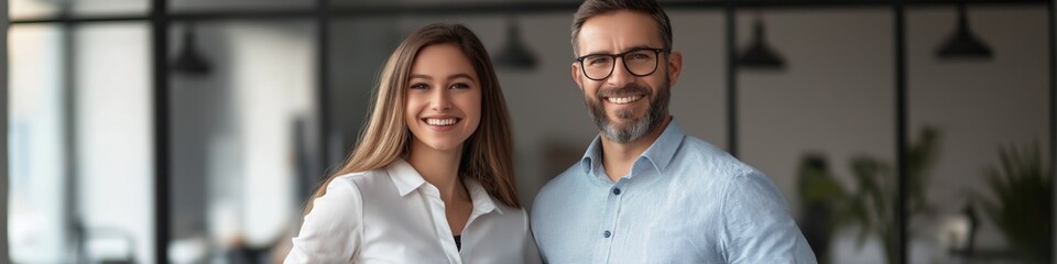 A man and a woman are smiling for the camera. The woman is wearing a white shirt and the man is wearing a blue shirt