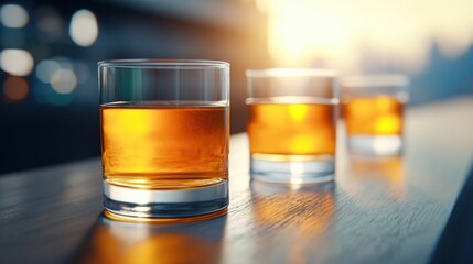 Poster - Glasses of whiskey on a wooden bar glow warmly in the soft, golden sunset light, AI