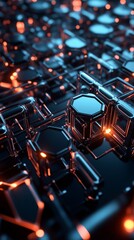 Poster - Abstract design featuring interconnected hexagonal structures illuminated by glowing orange lights in a dark environment