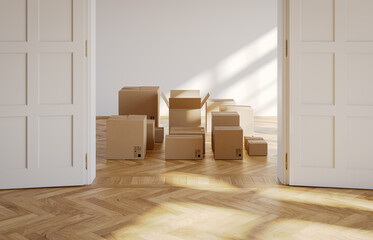 Poster - Cardboard boxes in an empty luxury apartment. Modern interior. Moving concept. 3D rendering.