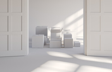 Poster - Cardboard boxes in an empty luxury apartment. Modern interior. Moving concept. 3D rendering.
