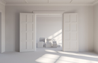 Poster - Cardboard boxes in an empty luxury apartment. Modern interior. Moving concept. 3D rendering.
