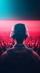 Soldier in Futuristic Landscape with Crowd Silhouettes