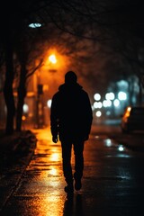 Wall Mural - A man walks down a street at night, with the street lights casting a warm glow on the wet pavement. The scene is quiet and peaceful, with the only sound being the man's footsteps