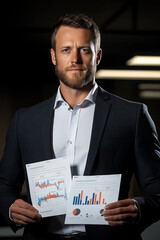 Poster - A suited man holds financial reports, focusing on data analysis in a contemporary workspace
