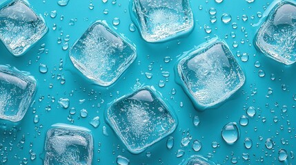 Ice cubes on blue background with water drops. Perfect for cool drink, refreshing, or summer designs.