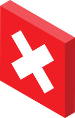 Poster - white cross symbol is displayed on a red cube in isometric view, representing concepts of healthcare