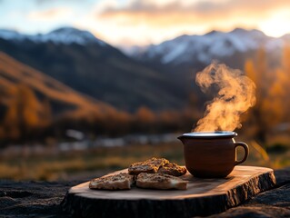 Tajik shirchoy, a salted milk tea, served in a rustic clay pot with fresh bread, against a backdrop of snowcapped mountains, tea, nomadic beverage