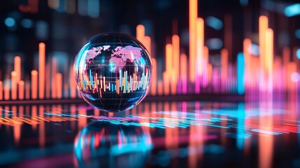 Poster - Crystal ball with the continents of the world floating over a business strategy chart, symbolizing strategic global expansion with empty space for text