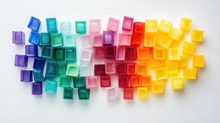 Poster - A cheerful arrangement of plastic toy bricks in various colors on a white backdrop, symbolizing childhood creativity and fun.