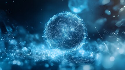 Poster - A glowing digital sphere in a futuristic setting with interconnected lines and particles at night